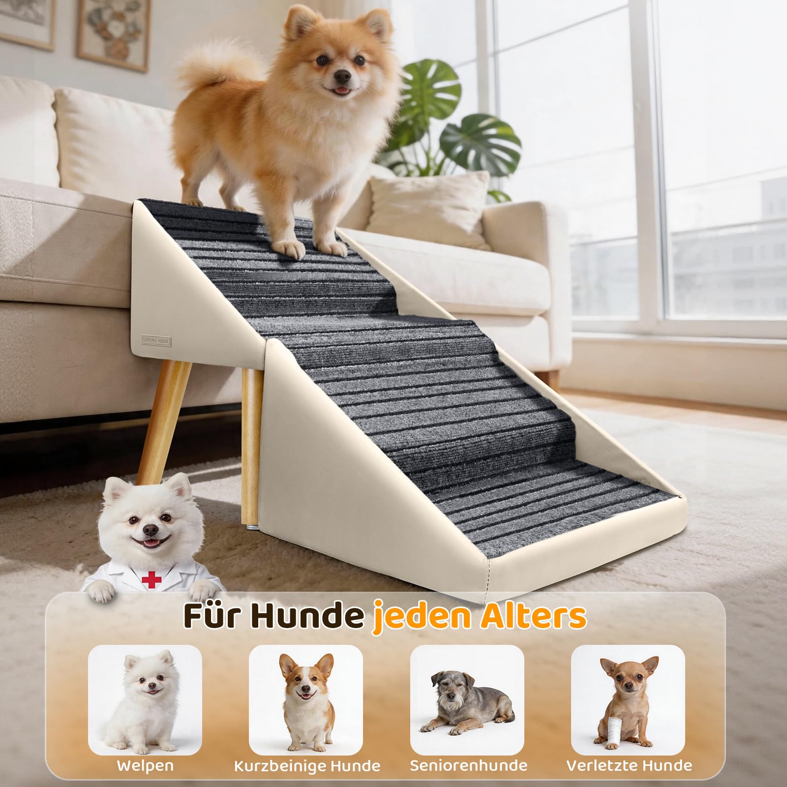 Hundetreppe für kleine mittlere & große Hunde, Katzen, Welpen & Senioren, 43 cm hohe 4-stufige 2-in-1 Massivholz-Treppe mit Split-Ottomane, klappbare rutschfeste Hunderampe für Sofa (Beige)