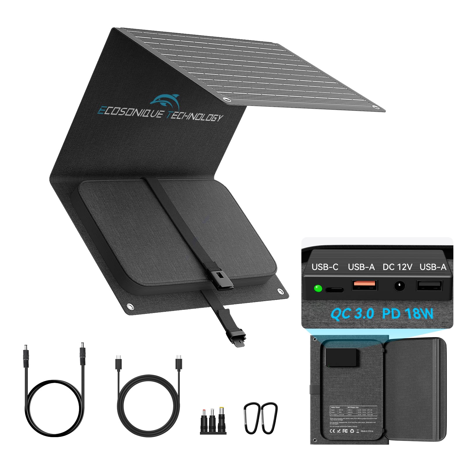Ecosonique Technology Black Ecosonique 30W Etfe Foldable Solar Phone Charger, 23.5% High Efficiency Portable Solar Panel With Usb-C Pd 18W & Qc3.0 Fast Charging, Smart Safety Protection For Iphone, Android, Power Bank, Camping