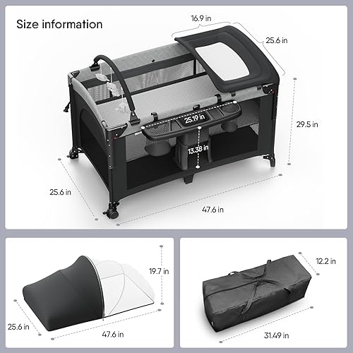 Miniatura 6 de Cuna 4 en 1, para empacar y jugar, para cuna de noche, cambiador de pañales, viene con colchón, mosquitera, almacenamiento inferior y barra de