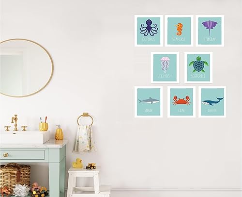 Miniatura 3 de Tarjetas de pared de animales del océano, decoración náutica de habitación del bebé, arte marino educativo para niños, regalo para niños, juego de 8