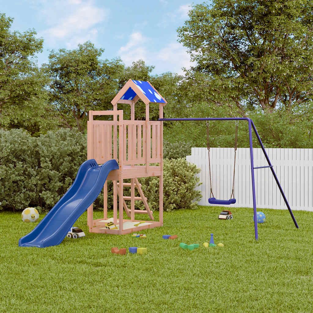 Spielturm Massivholz Douglasie mit Wellenrutsche und Schaukel, Gartenspielzeug Outdoor mit Sandkasten, Klettergerüst und Strickleiter für Kinder, Stabiler Spielplatz für Bewegung und Motorik