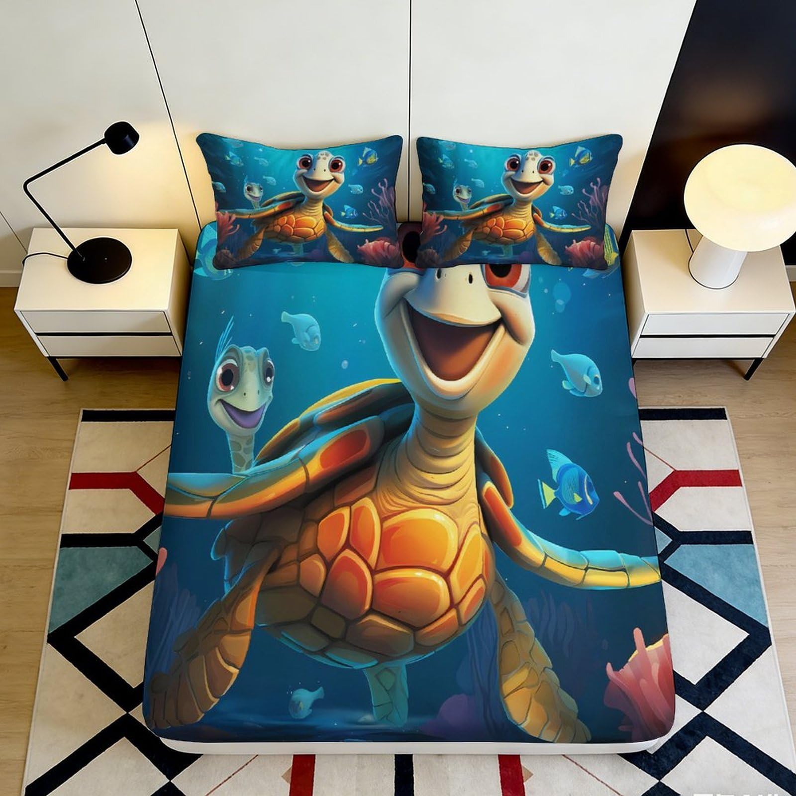 3D Printed Cartoon Sea Turtle Fitted Sheet Microfiber Soft Blue Ocean Mattress Cover for Bedroom Dorm Decor 90x200x25cm