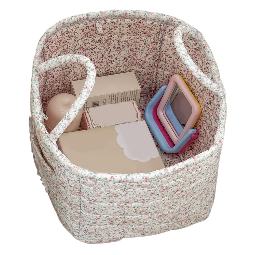 SDSFGX Floral Quilted Bathroom Laundry Basket Foldable Portable Clothes Hamper with Handles for Toilet, Bedroom, Nursery