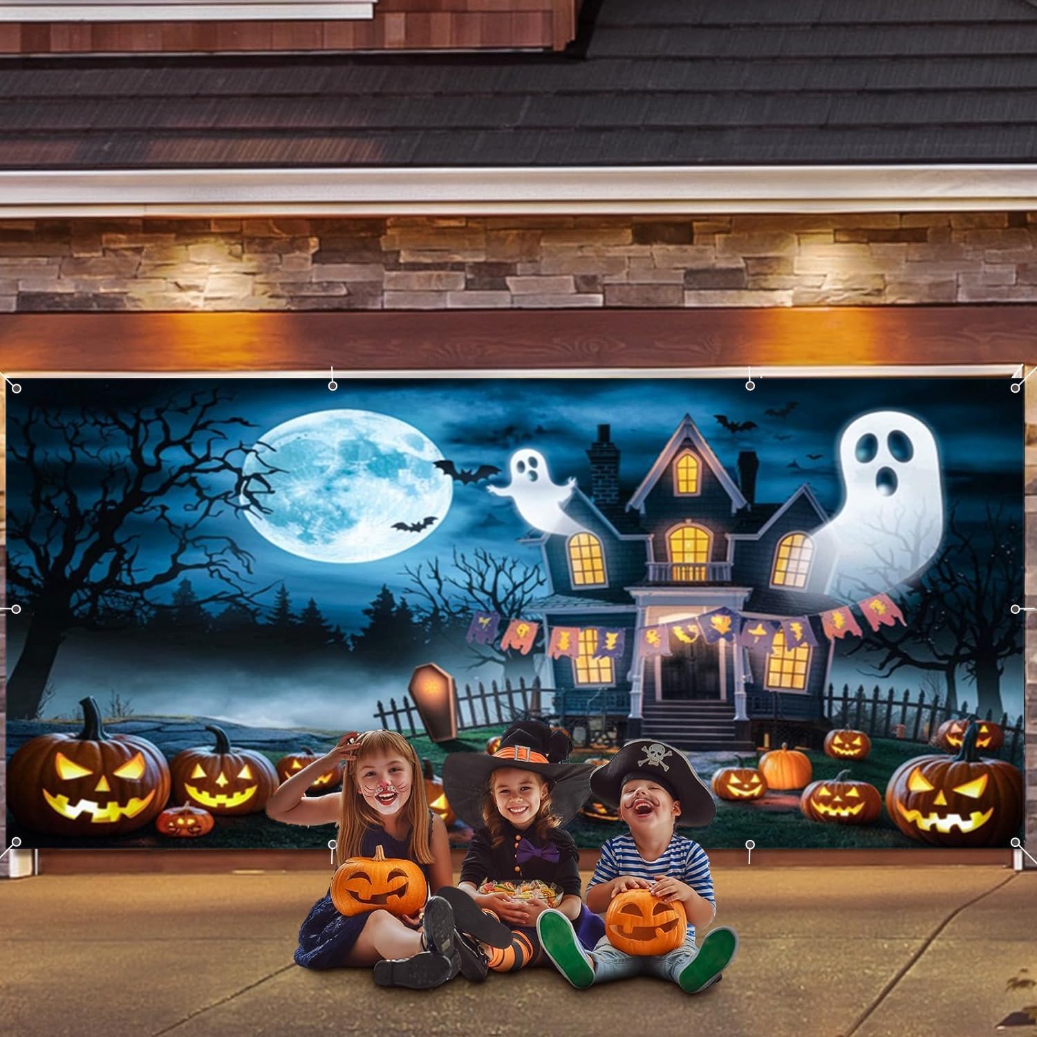 Halloween Garage Door Decorations 7x16ft Large Halloween Garage Door Cover Full Moon Night Scary Bats Pumpkin Lantern Ghost Castle Backdrop Decoration Indoor Outdoor Wall
