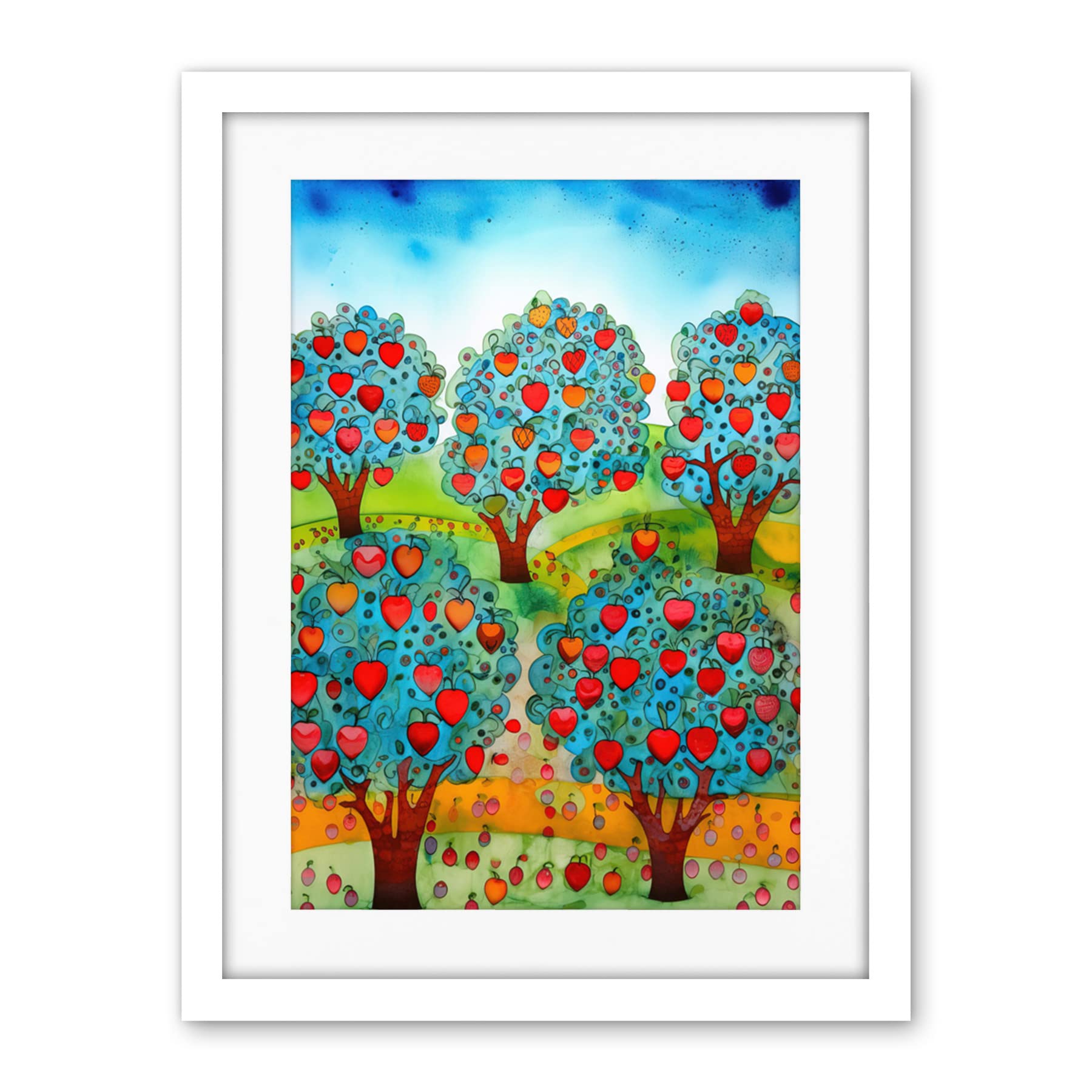 Artery8 Apple Orchard Trees Ready For Harvest Folk Art Landscape Watercolour Painting Artwork Framed Wall Art Print 18X24 Inch