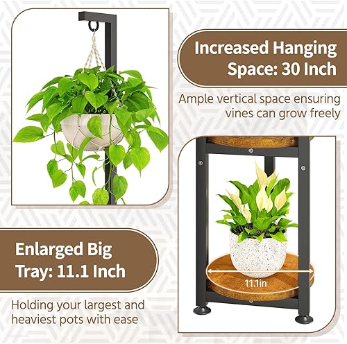 Miniatura 3 de LASZOLA Soporte para Plantas Alto de 4 Niveles Negro para Interiores con Anillo Colgante, Estante Vertical de Esquina de Metal Grande de Servicio