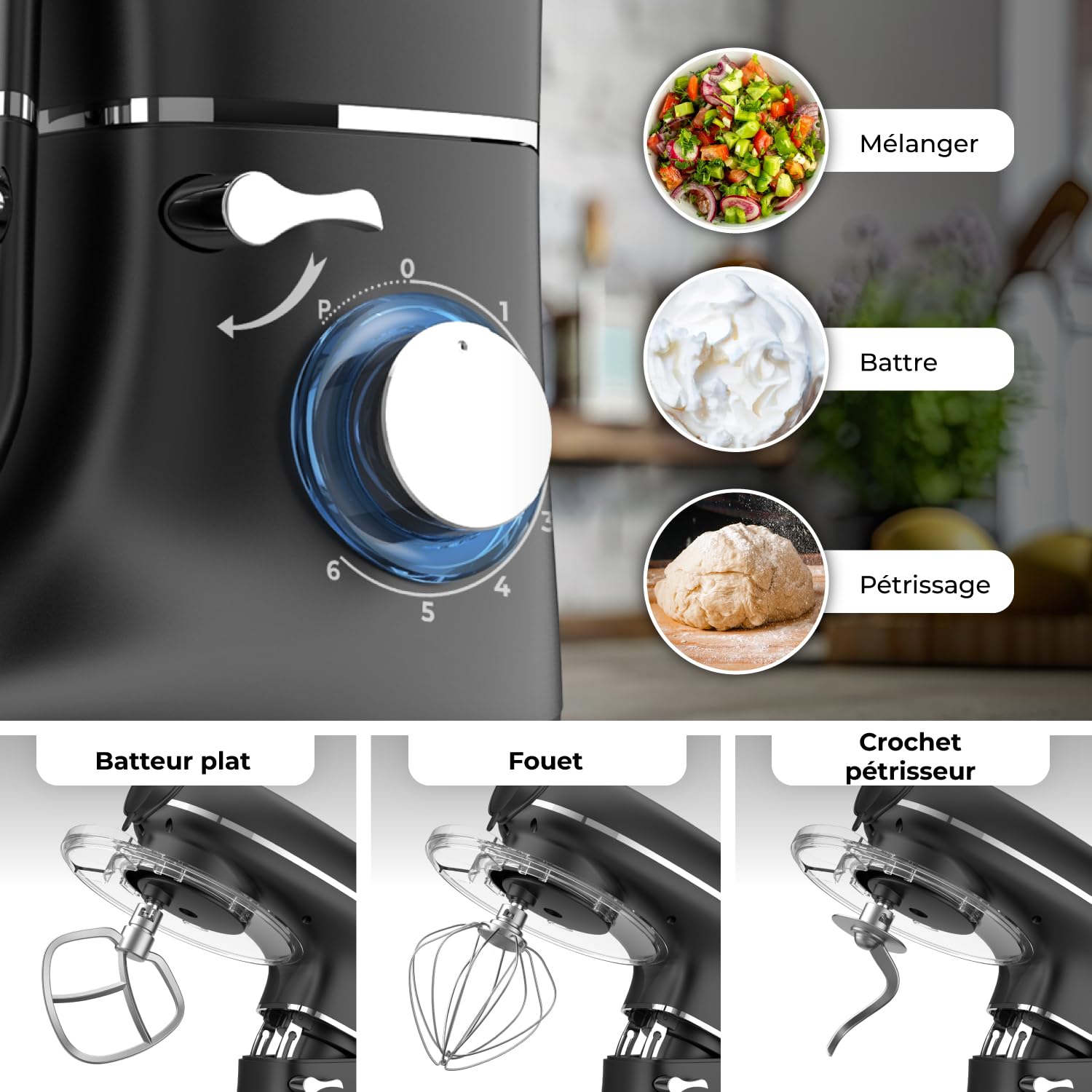 6 en 1 Robot Pâtissier – 2000W - Av. Hachoir à Viande, Mixeur 1,5L, Cutter, Accessoires – Robot Cuisine Multifonctions Av. 6,2L Bol Mélangeur, Fouet, Crochet Pétrisseur, Batteur (Noir)