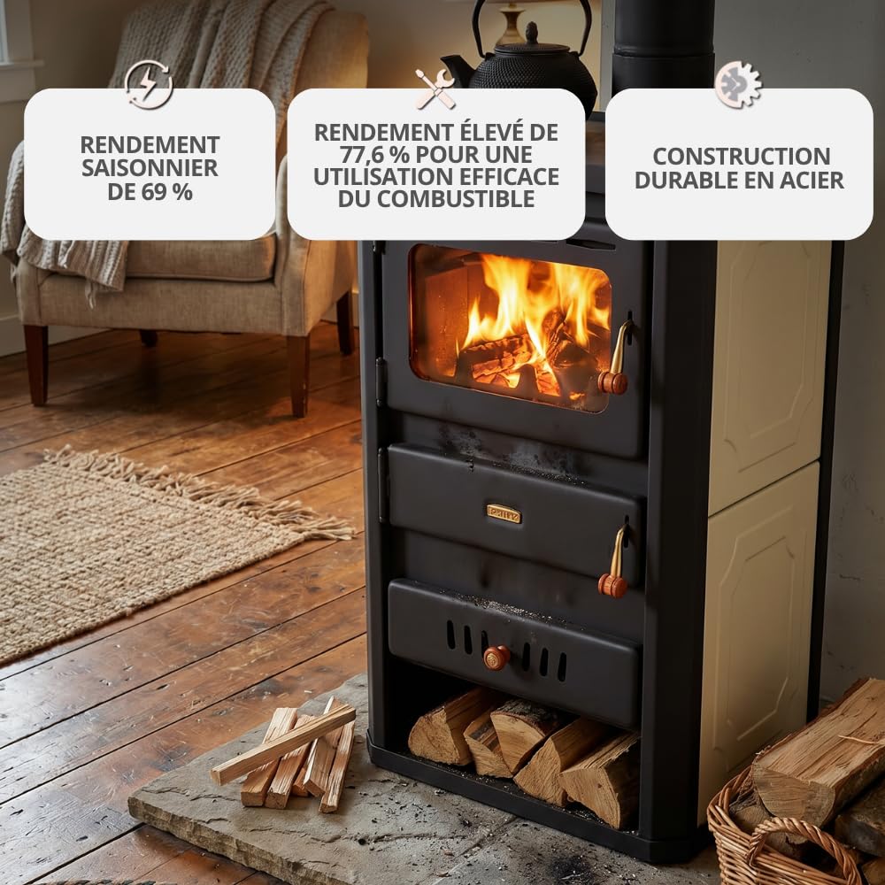 Prity S2 W10 Poêle à bois avec revêtement d'eau 10 kW Chauffage central certifié CE Brûleur à bois amélioré Conforme EN