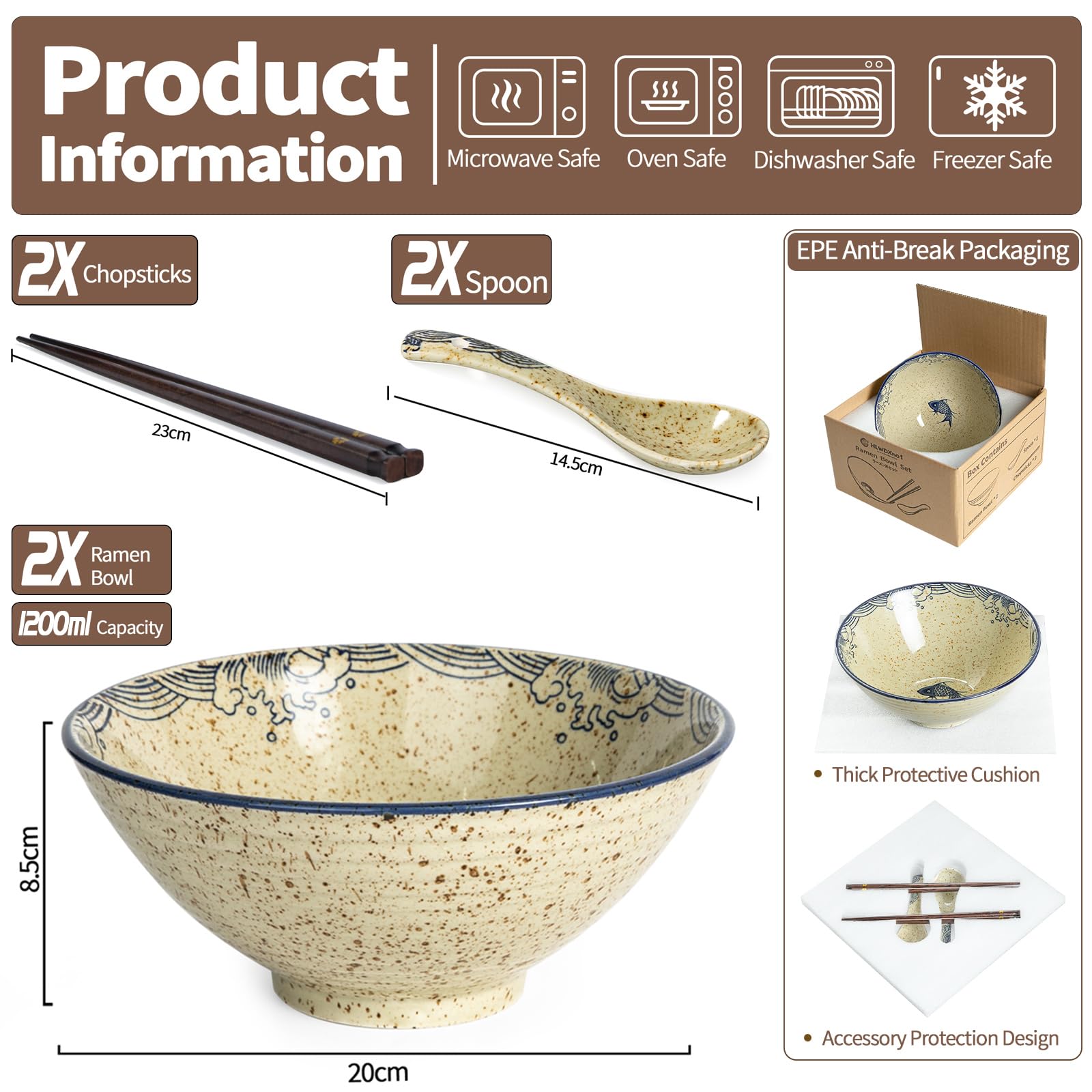 Ramen Schüssel Set mit 2 Keramik-Nudelschalen mit Essstäbchen und Löffeln, 1200 ml, große Suppenschüsseln, japanischer Stil, Retro-Porzellan, Mikrowellengeschirr, Ramen-Geschenk-Set für