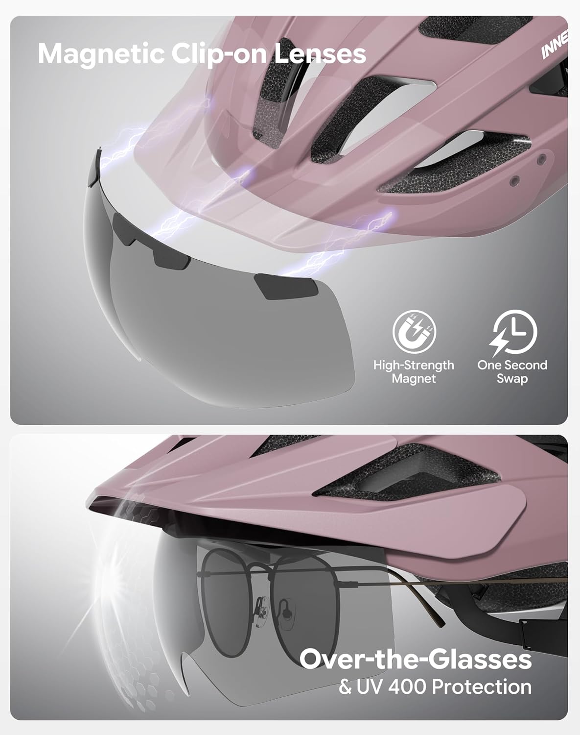 InnerKing Bike Helmet for Adults, Lightweight Mountain Bicycle Helmet with USB Rechargeable Rear Light Detachable Magnetic Goggles, Road Bike Helmet with Visor for Men Women