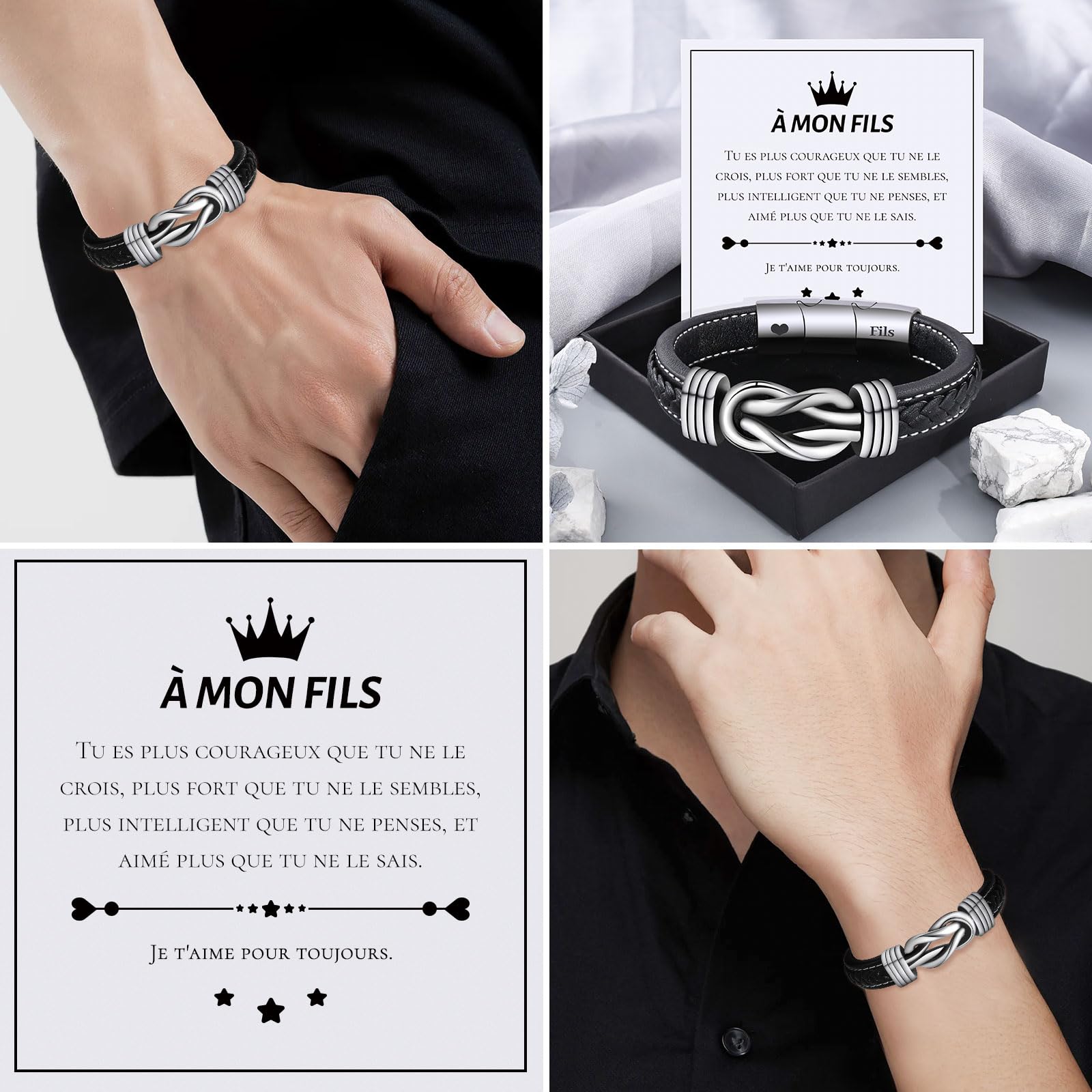 VU100 Bracelet pour Fils Cadeau pour Fils Cadeau pour Fils de Maman et Papa Bracelet en Cuir en Acier Inoxydable Bracelet pour Mon Fils Cadeaux d'Inspiration Cadeaux d'Anniversaire pour Garçons