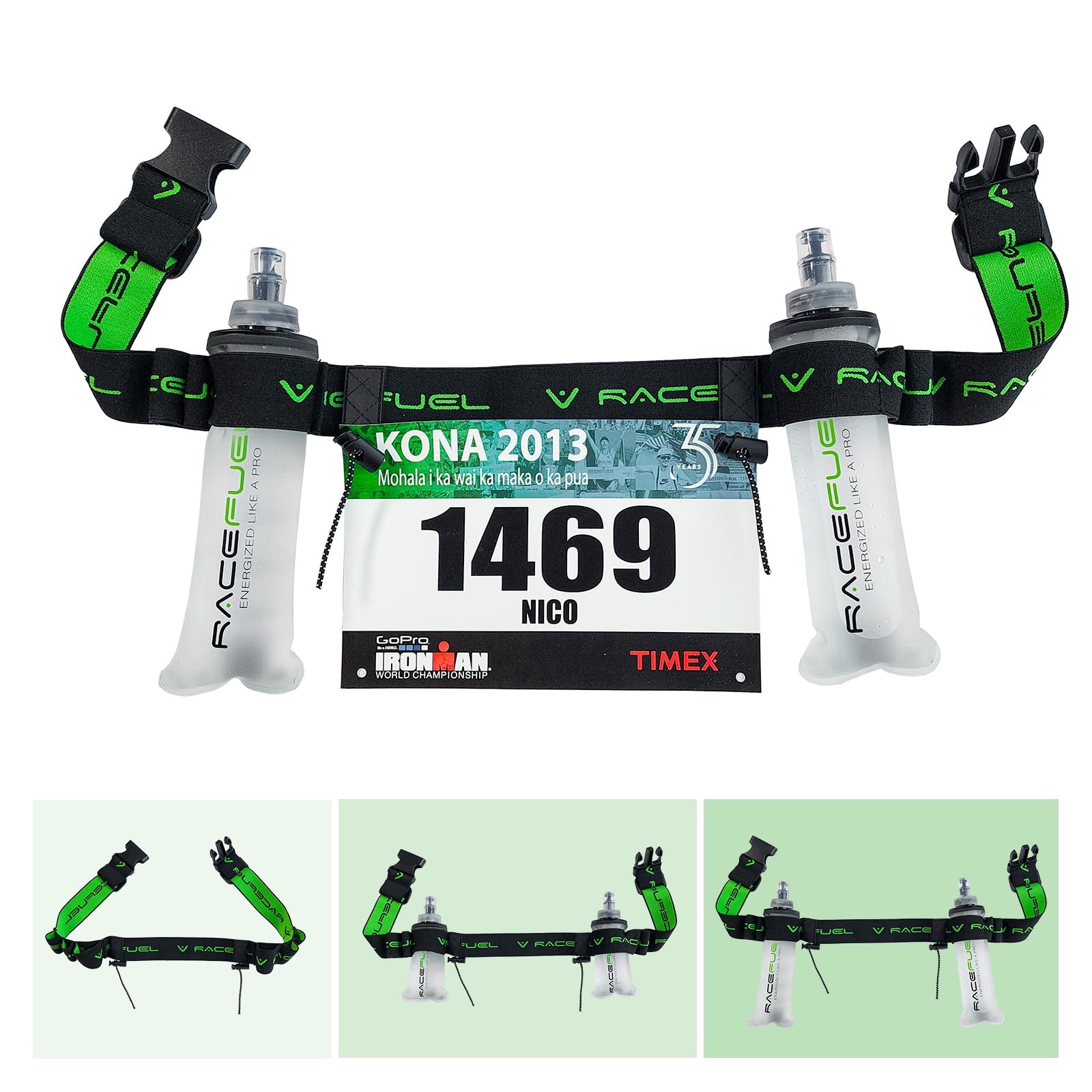 RaceFuel Triathlon Startnummernband Laufgurt mit Tasche für Handy mit Nummernhalter & 6 Halter Softflask oder Gel für Joggen Radfahren Marathons (Ohne Tasche + 2x250ml Flask)