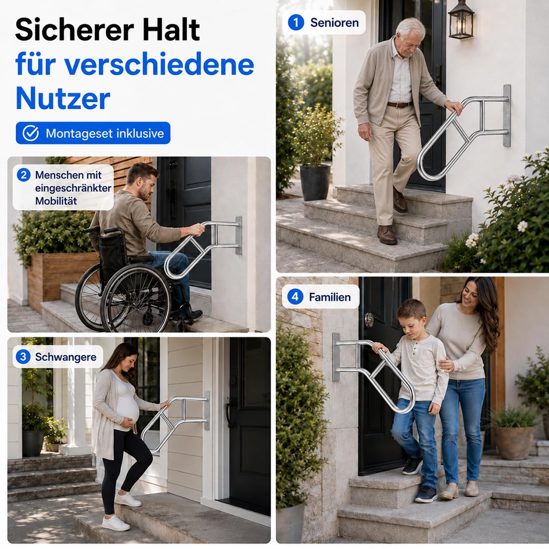 60cm U-förmiger Handlauf Edelstahl 1-3 Stufen Silber Matt Handlaüf Außen