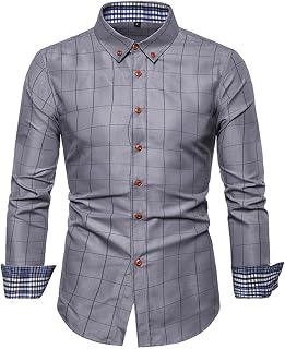 Men's Dress Shirt Formal Stretch Wrinkle-Long Sleeve Slim Fit Button Down Shirts for Wedding Party Lapel Plaid Print Shirts Plaid Collar 3/4 Sleeve Plaid Button Down Cotton Blouses Work Office Ha