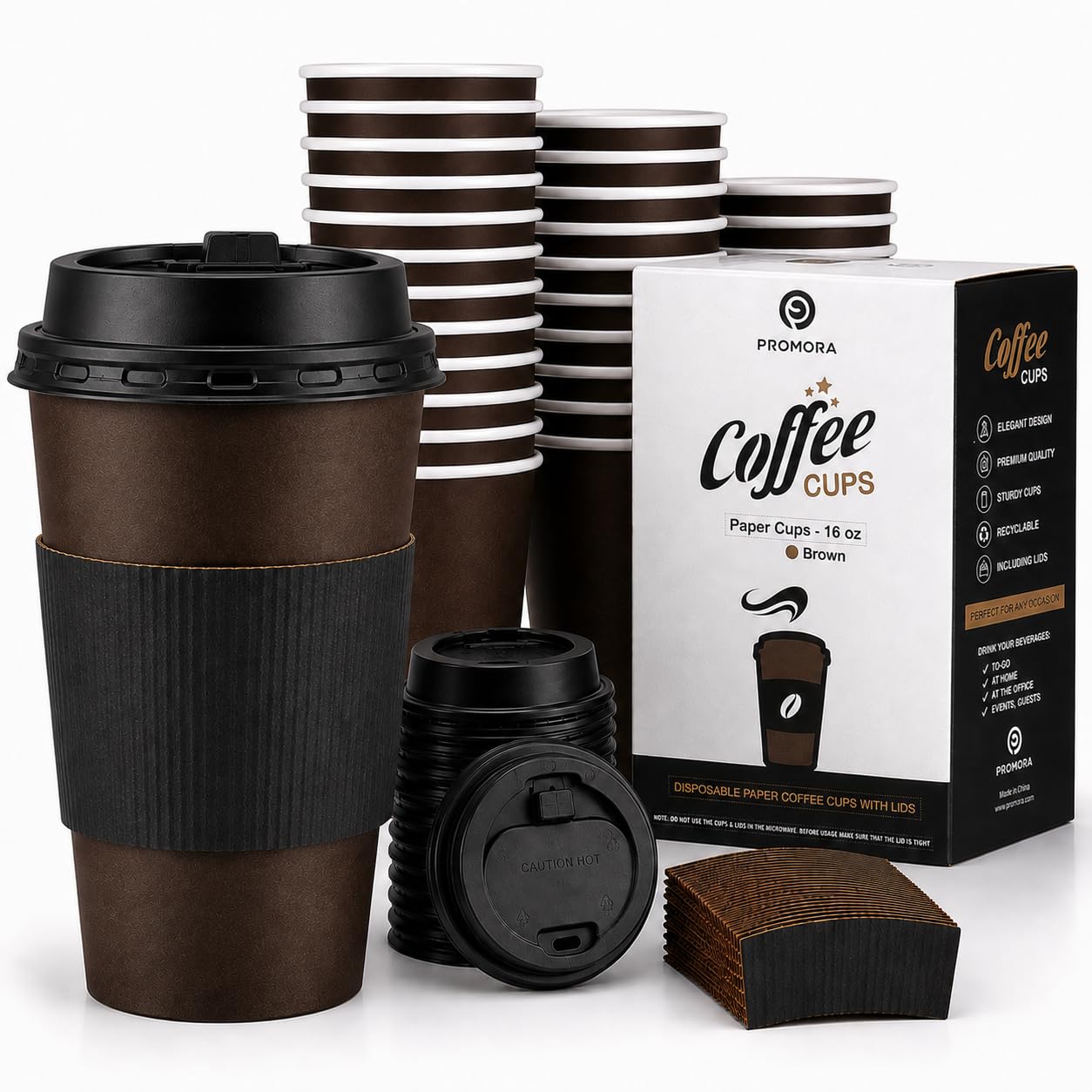 Promora 16 oz Brown Disposable Coffee Cups with Lids &amp; Sleeves, Hot Coffee Cup Sleeves Disposable, Premium Insulated To Go Coffee Paper Cups with Lids &amp; Sleeves (16 oz, Pack of 100) Brown and Black