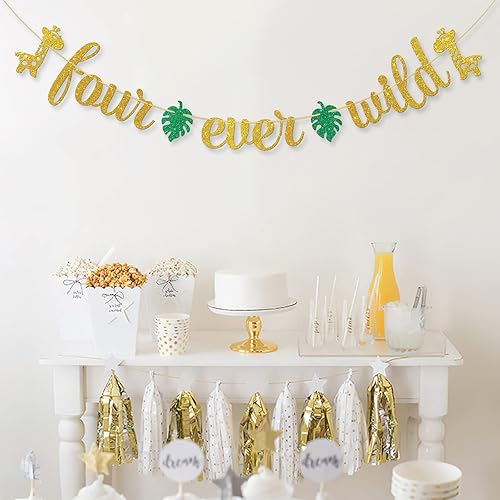 Miniatura 4 de Dalaber Bandera de Four Ever Wild, temática de animales de safari en la selva, decoración de fiesta de cumpleaños de 4 cumpleaños, letrero de