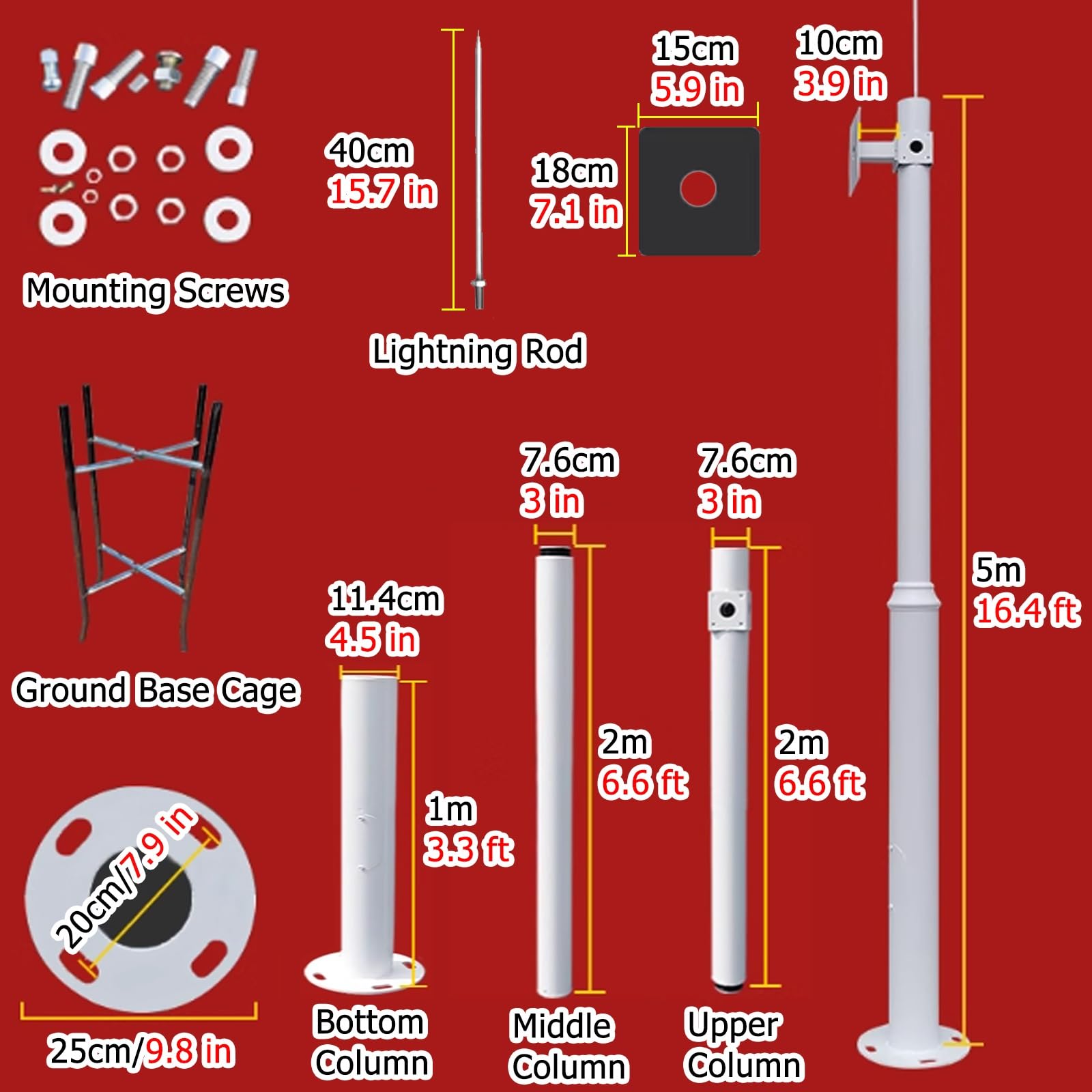 Słupek monitorujący do kamery, słupek i wspornik montażowy do kamery bezpieczeństwa ze stali ocynkowanej 3 m, piorunochron 40 cm, wytrzymała klatka podstawy ziemi, wysokość regulacji