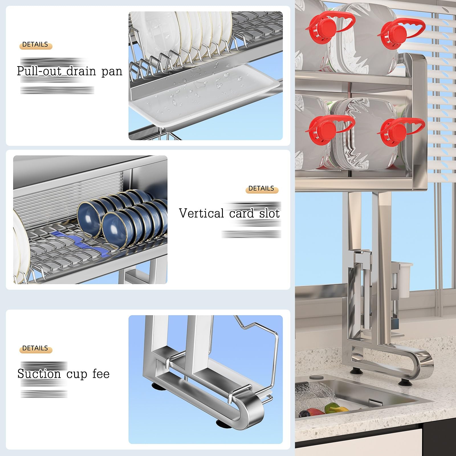Escurridor de platos en acero inoxidable macizo,Organizador multifuncional | Para fregadero con accesorios modulares y alta resistencia al peso(30"/77cm)