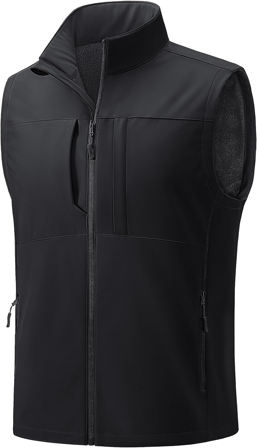 TACVASEN Men's Windproof Lightweight Vest Waterproof with Pockets Softshell Sleeveless Fleece Jacket for Hiking Golf