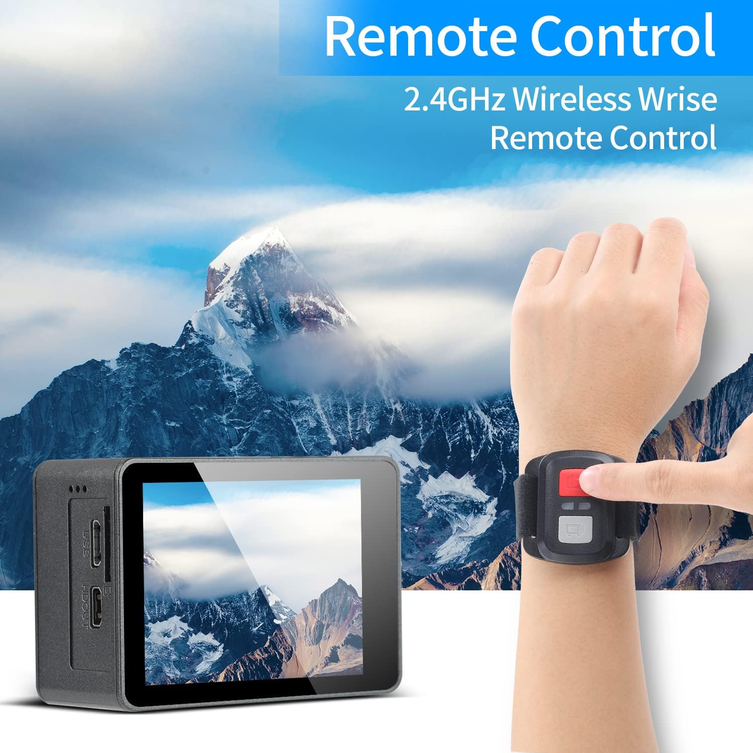 Person using the 2.4GHz wireless remote control for the Jadfezy J-7000 Action Camera