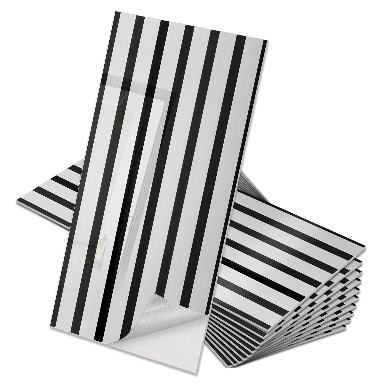Pamatio 20 Pcs Peel and Stick Wall Panels 30x60cm Glossy Mirror Black Silver Vertical Stripe PVC Waterproof Self Adhesive Wall Tiles, Decorative Luxury Modern for Living Room Accent Wall Kitchen