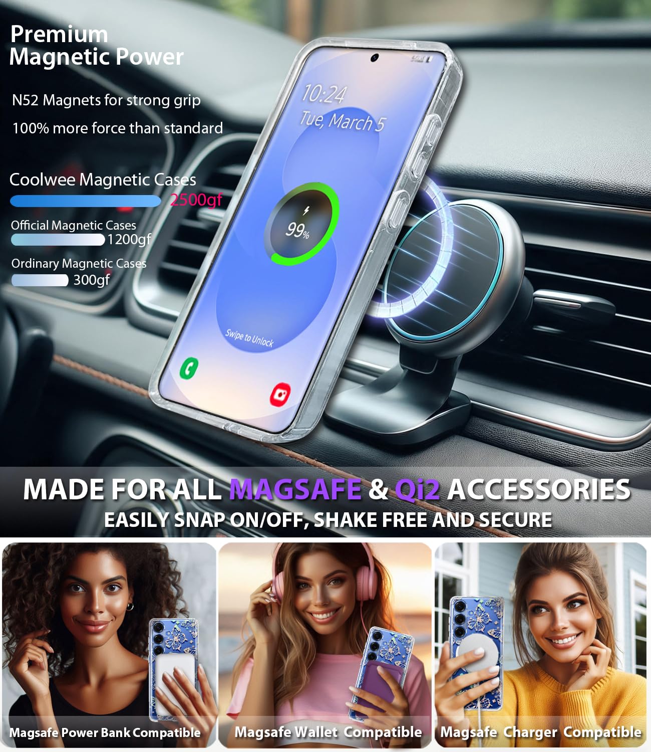 Funda magnética para Samsung Galaxy S25 Plus, compatible con MagSafe, bonita para mujeres y niñas, funda protectora de grado militar de 10 pies para Galaxy S25 Plus, funda con purpurina,
