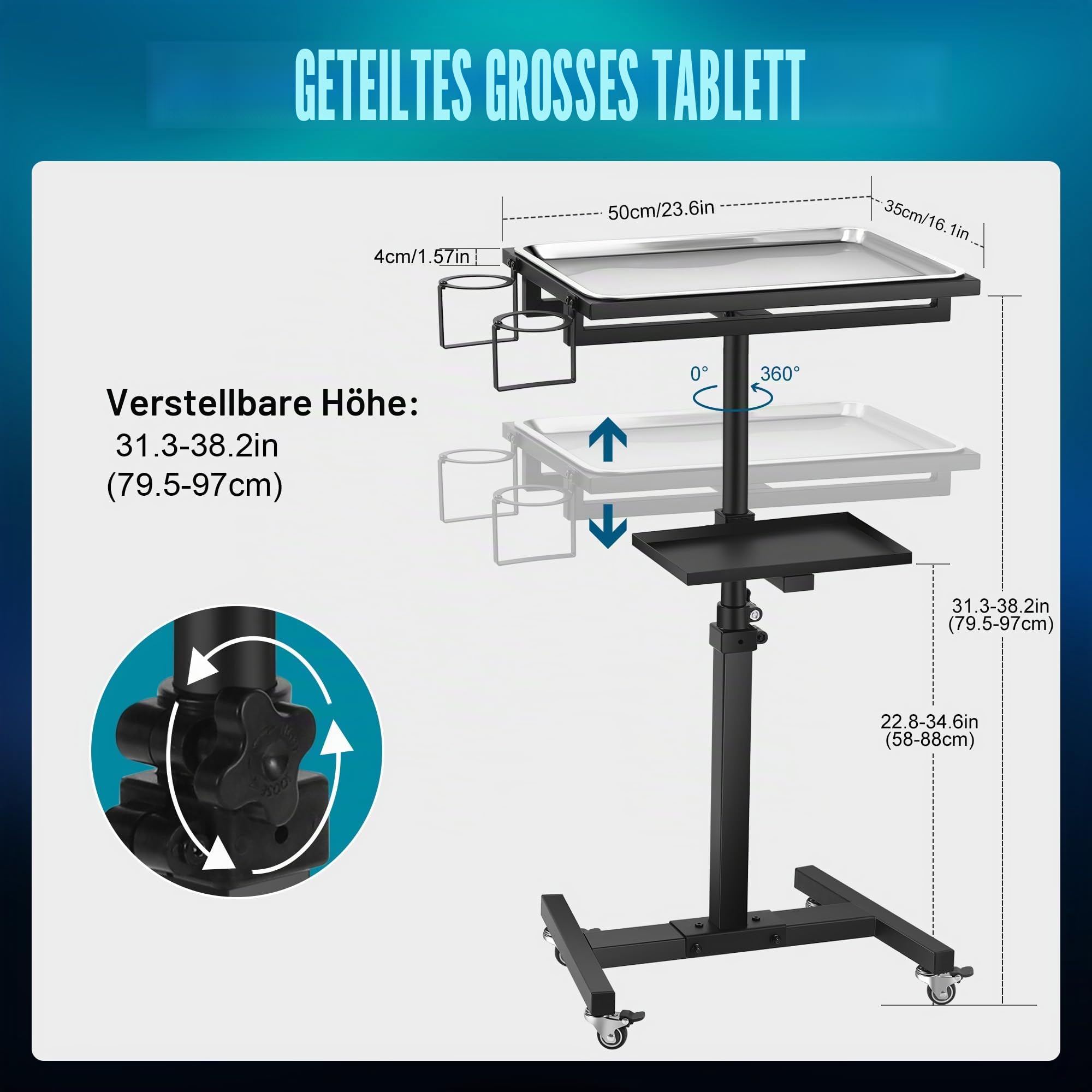 Edelstahl Tattoo-Tablett mit Rollen, höhenverstellbar, 360° drehbar, Rollender Instrumententisch für Tattoostudio