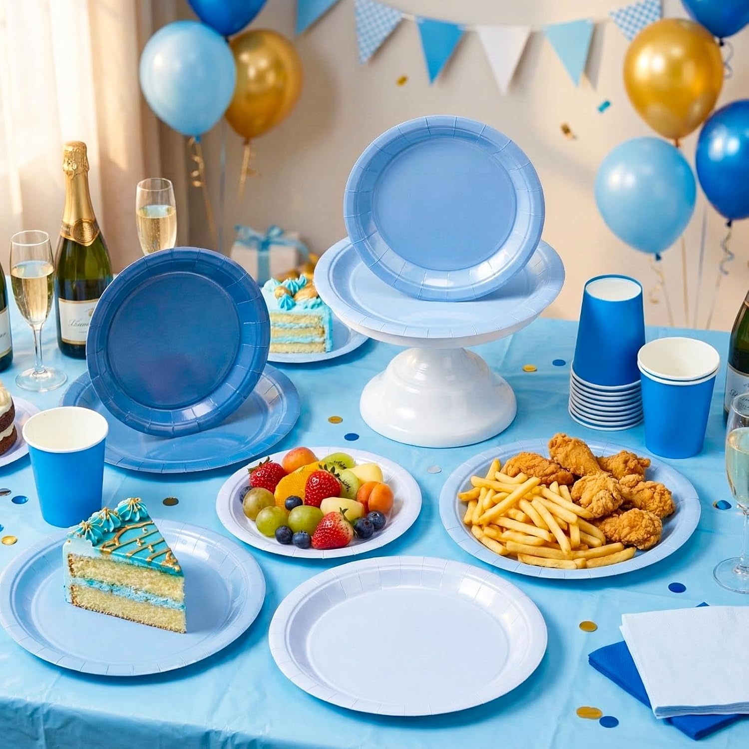 170 Pcs Blue Party Supplies Set Disposable Gradient Paper Plates Cups Plastic Tablecloth Spoons Forks Knives Napkins for 24 Guests Party Dinnerware Set for Wedding Birthday Baby Shower