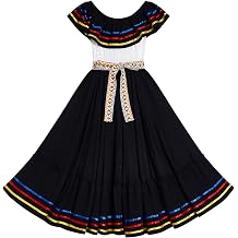 ABEHIK Women Mexican Dress Traditional Off Shoulder Folk Ruffle Drape Dresses with Belt Cinco De Mayo Fiesta Party Outfit