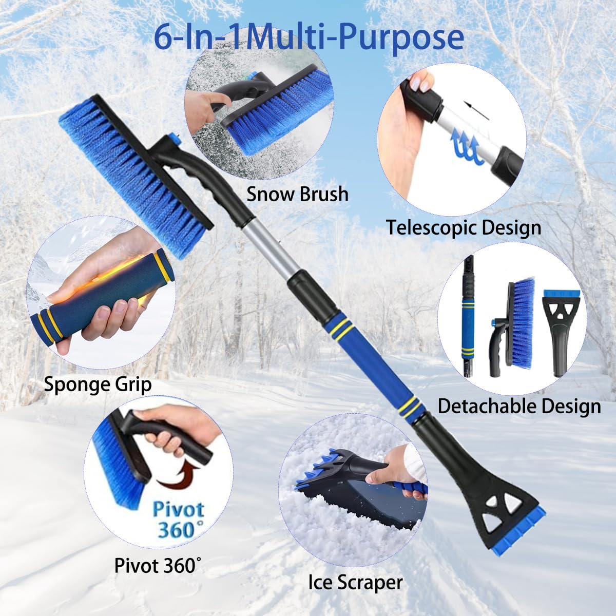 Cepillo de nieve telescópico de aluminio con raspador de hielo, accesorio de invierno para coche, SUV, agarre ergonómico de espuma para camiones, parabrisas y ventanas (azul)