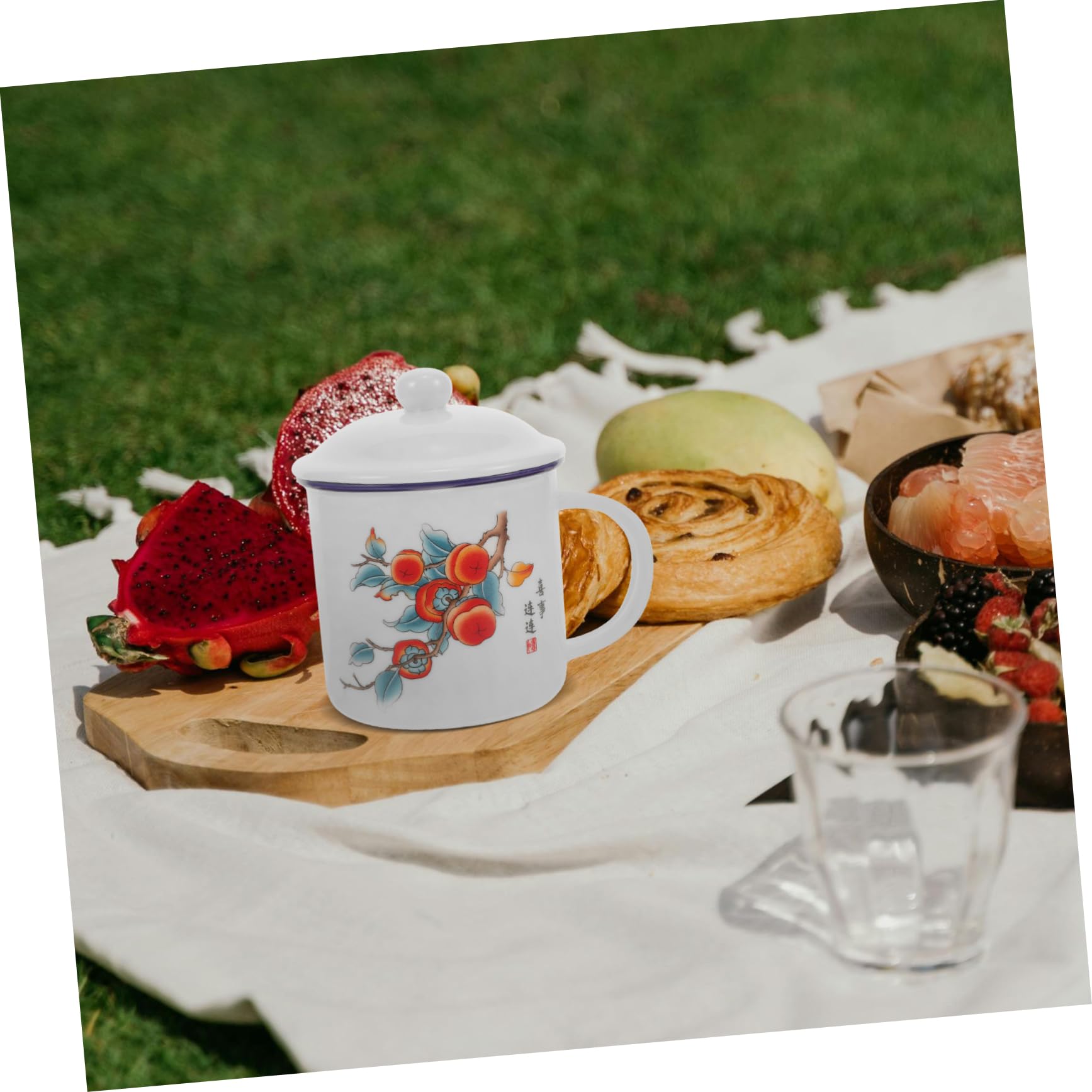 Abaodam Vintage Emaille Trinkbecher mit Deckel, Tragbarer Wasserbecher | Chinesischer Stil, für Café und Outdoor Einsatz, Geeignet für Verschiedene Getränke