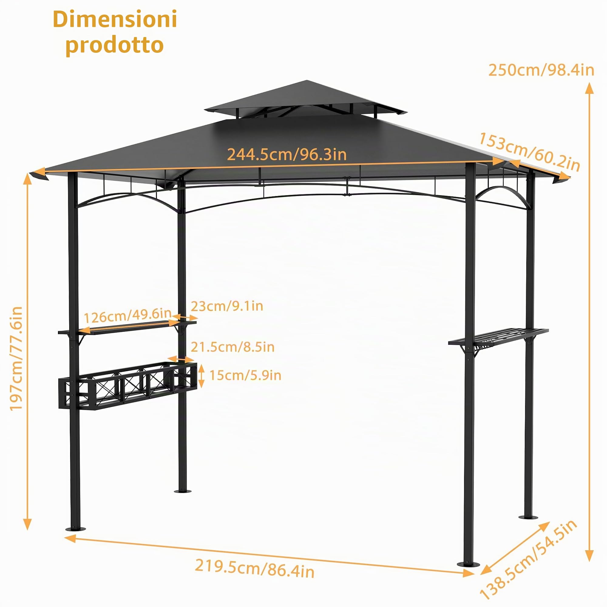 FIVMEN Gazebo per barbecue, 244 x 138 x 250 cm, gazebo da giardino con bancone da bar e tetto a doppio strato, per giardino, per feste, protezione UV