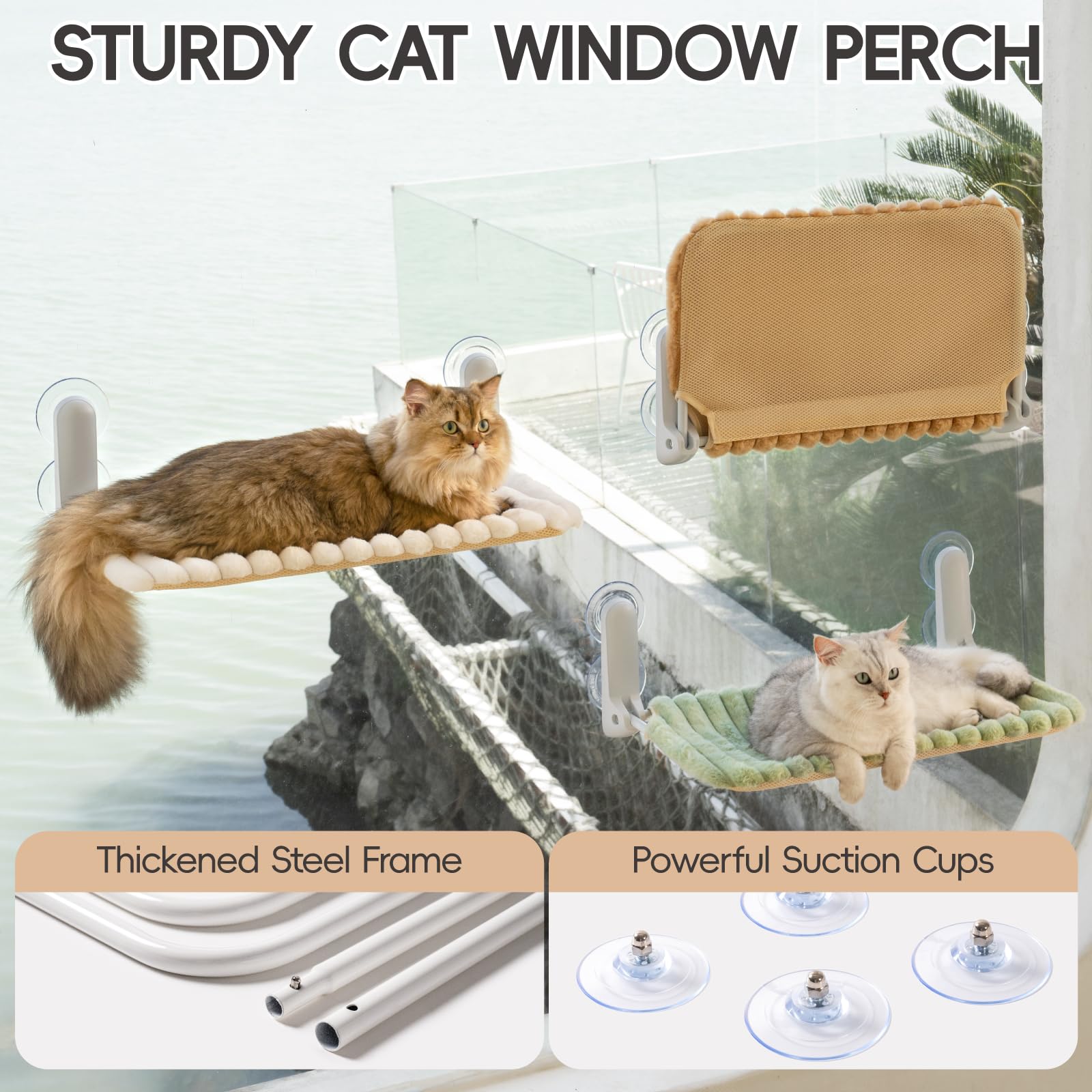 MEWOOFUN Katzenfenster-Sitzstange Faltbar mit abnehmbarem und wendbarem Bezug - Weiche Katzenfenster Hängematte mit verstärktem Stahlrahmen stabil bis 18 kg belastbar (Kamel, M)