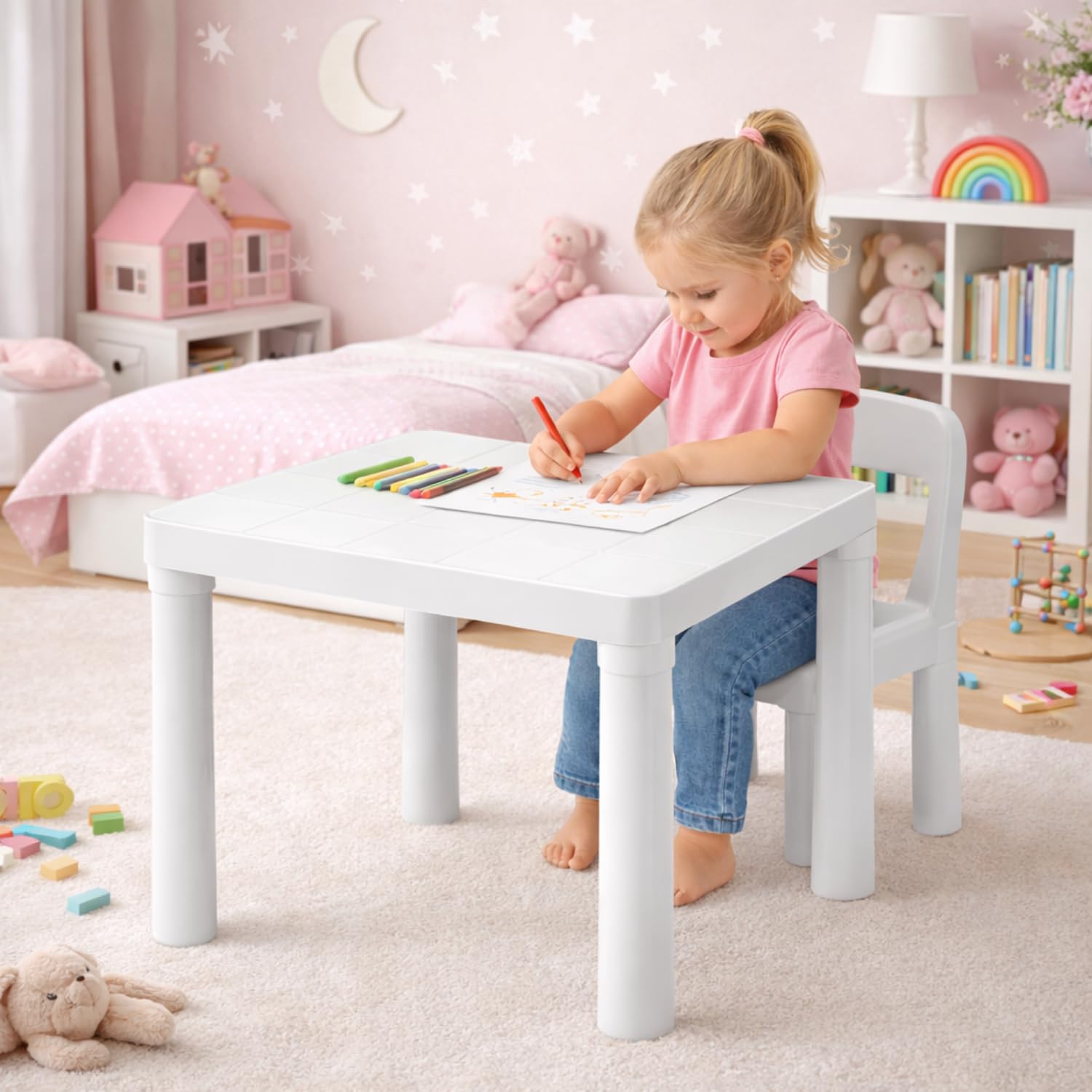 PALUPLUS Tavolino Quadrato Bianco in Plastica Rigida, Misura 50x50x47,5 cm, Tavolo da Gioco Basso, Gambe Removibili, Tavolino da Campeggio, Terrazzo, per Esterno ed Interno -9948C