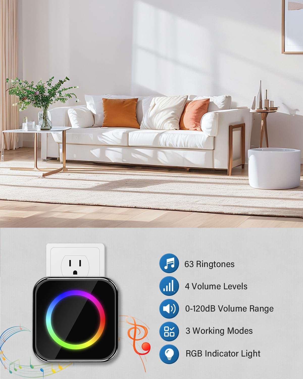 Timbre Inalámbrico Exterior Impermeable Largo Alcance, Wireless Door Bell Alcance de 400 m con luz LED, 4 Niveles de Volumen y 63 melodías (2 receptores + 1 transmisor)