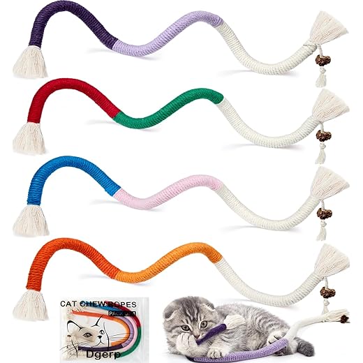 Cat Chew Ropes 4Pcs, Cat Toys for Indoor Cats with Refillable Natural Catnip, Safe Teeth Cleaning Chew Toys, Interactive Kitten Nip Toys and All Breeds (19.5 Inches)