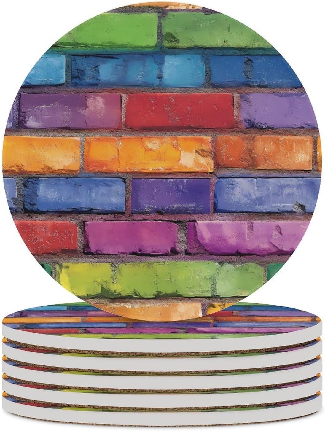 Rainbow Wall Brick Funny Round Ceramic Coasters for Drink Absorbent Cup Holders Tabletop Protection