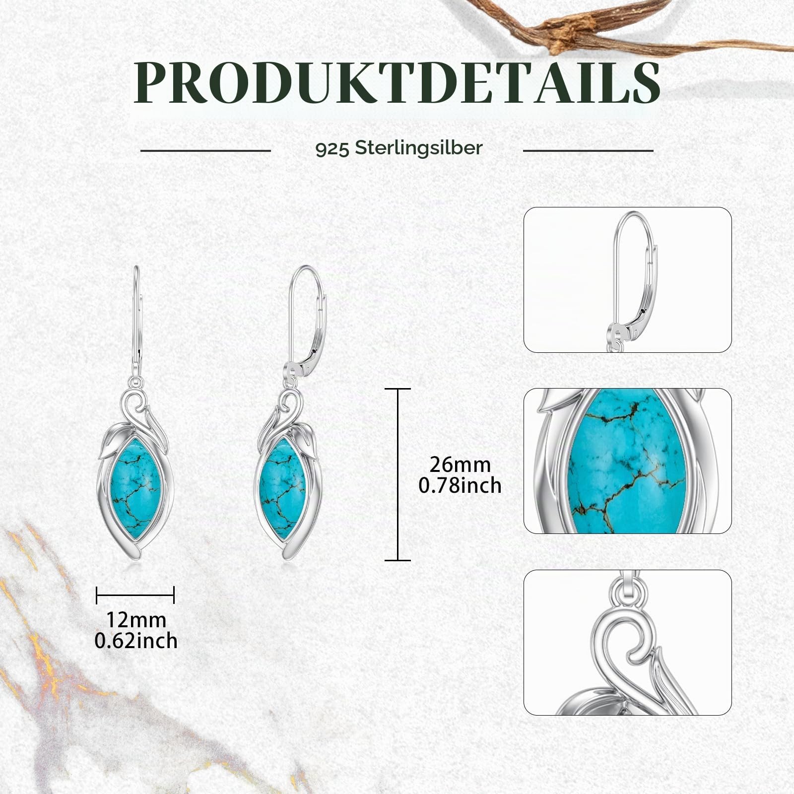 Retro Marquise Form Türkis Ohrringe baumeln 925 Sterling Silber echte Türkis Ohrringe für Frauen