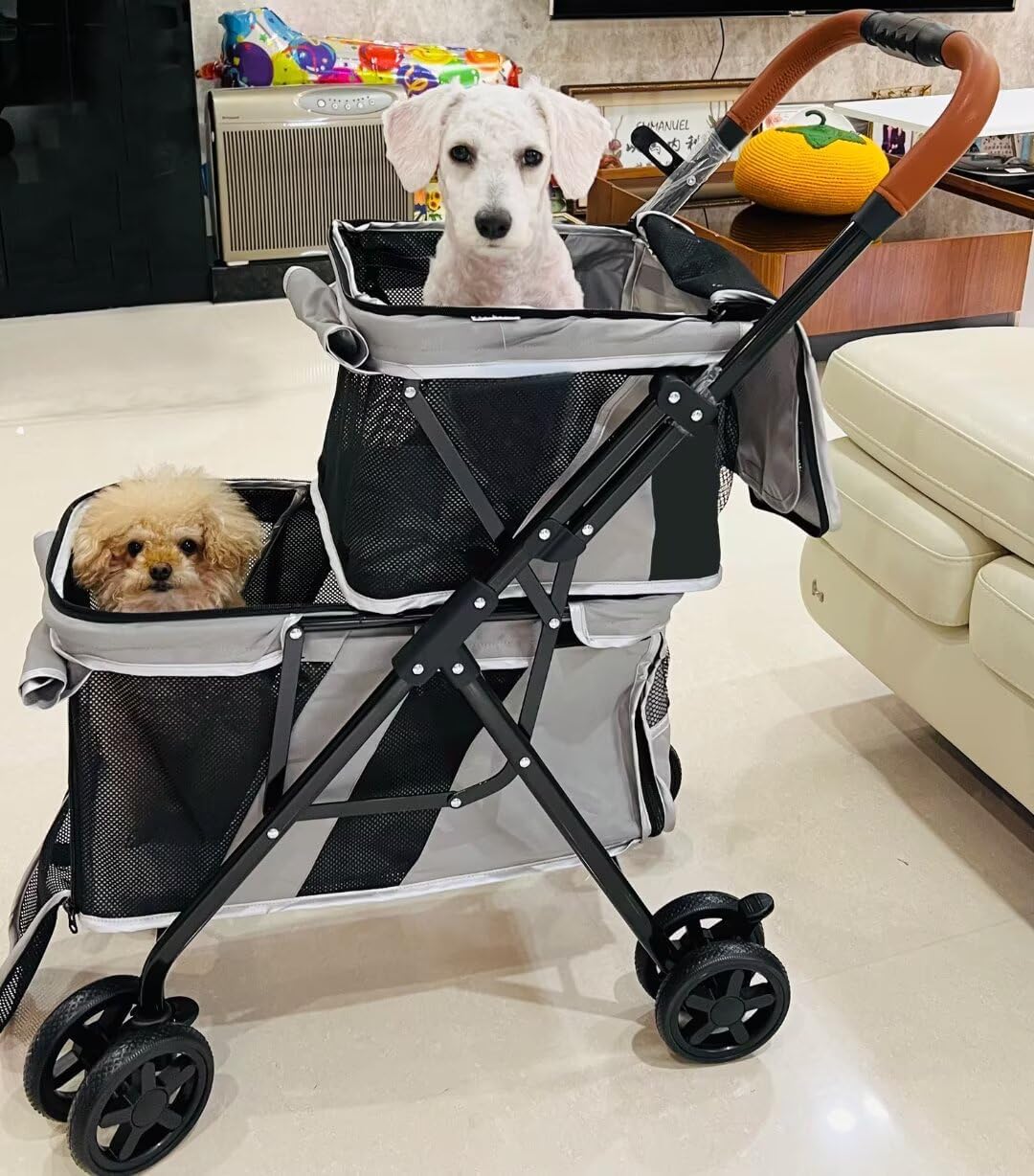 2 Layers pet Stroller for Dogs and Cats,4 Wheels pet pram cart with mesh Window and Door,Foldable pet Trolley,Swivel Front Wheel,Rear Wheel with Foot Brakes