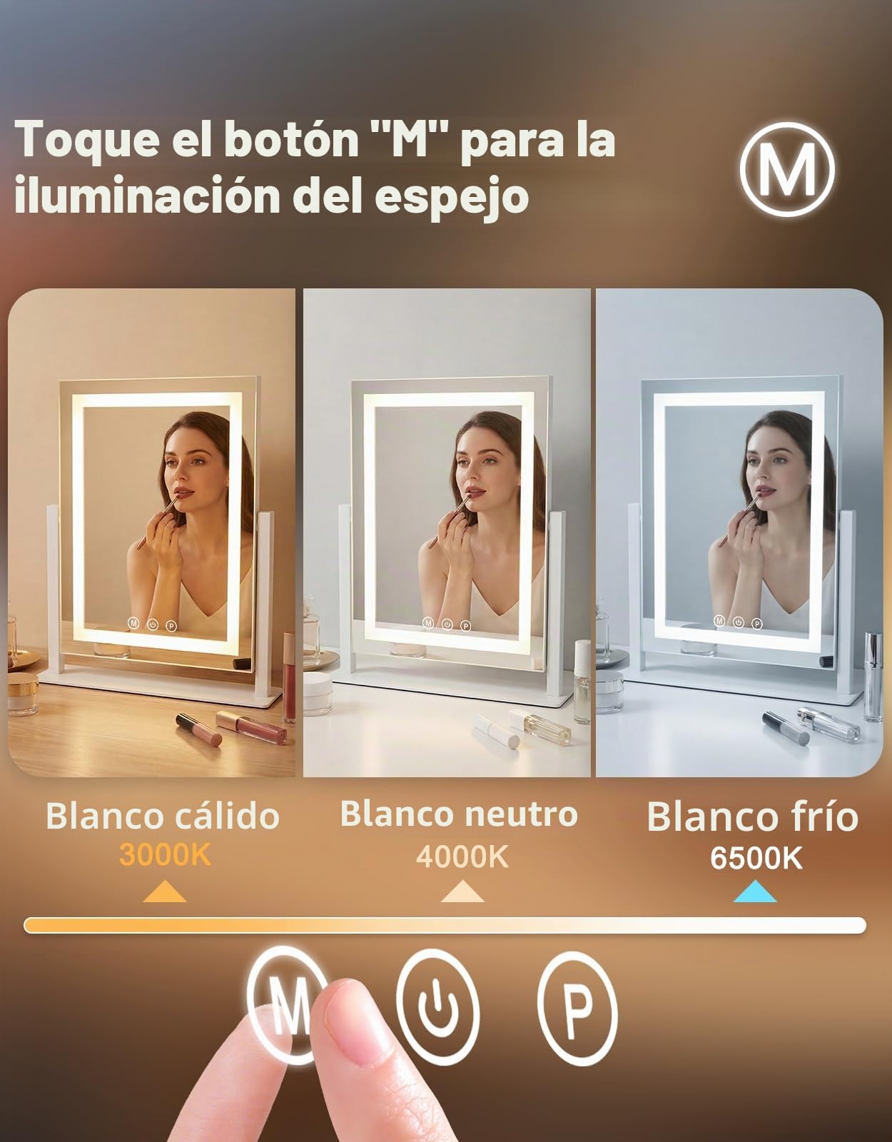 Espejo para maquillaje con iluminación led espejo de Hollywood 25 x 30 cm | tocador, pequeño espejo de maquillaje con luz, espejo de mesa, 3 modos, espejo de maquillaje para mesa