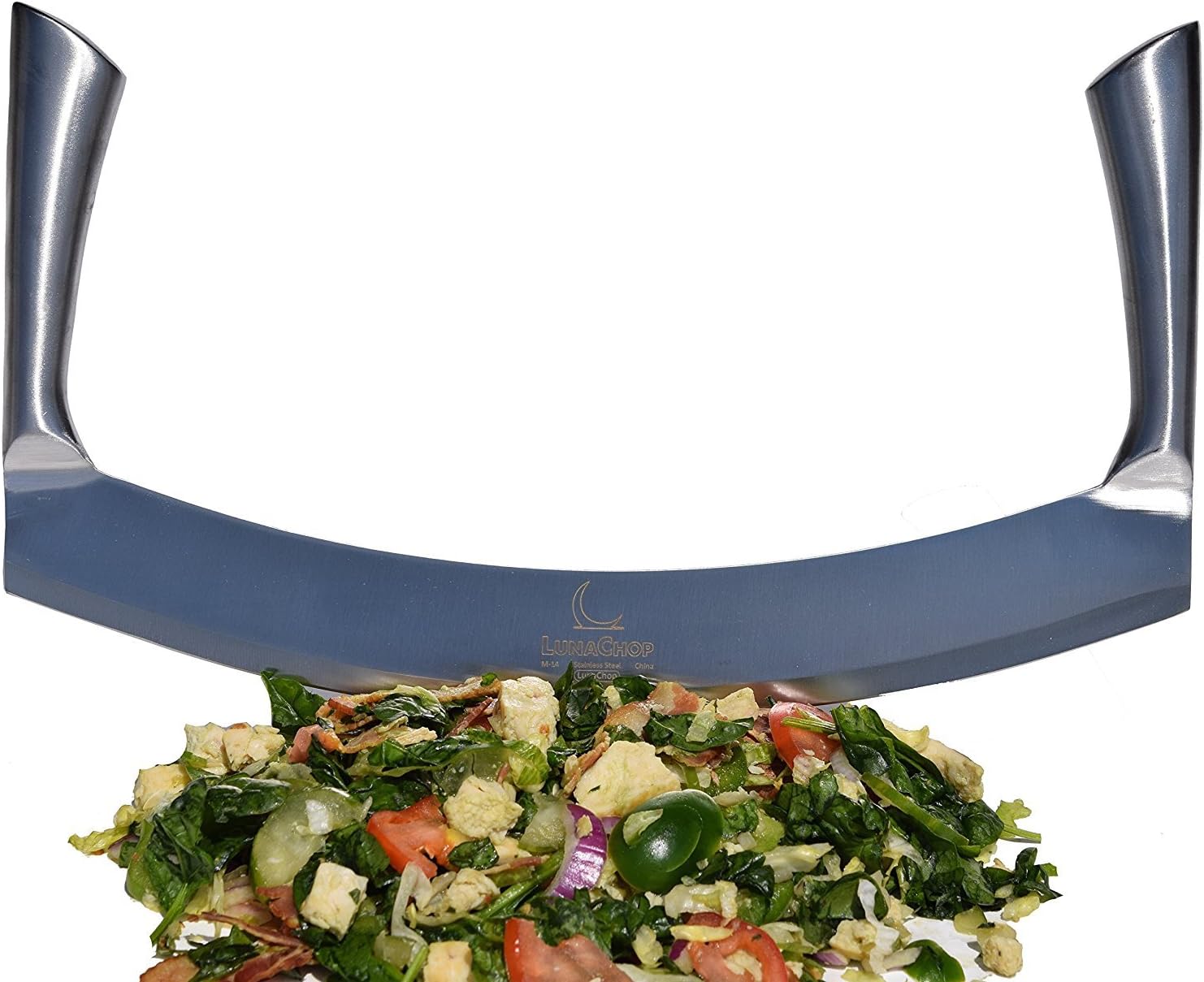 Mezzaluna Knife (Pizza Cutter) Vegetable Chopper for Chopped Salad, Industrial Pizza Rocker Knife (14 Inch Blade)