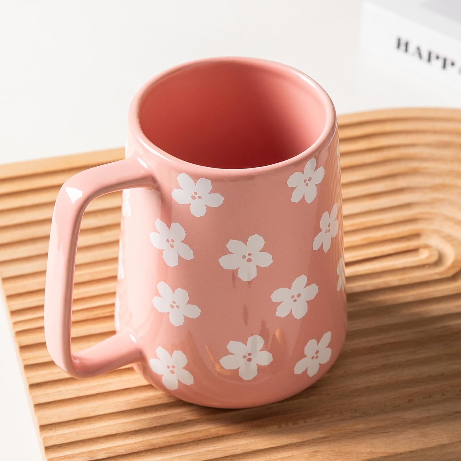Ceramic Coffee mugs, 24 oz, Extra Large Mugs, Big Tea&Coffee Cups, Large Handle, Floral Pattern,Pottery Mugs,Wide Bottom Coffee Mug for Office/Home, Microwave and Dishwasher Safe. (Pink) - Image 4