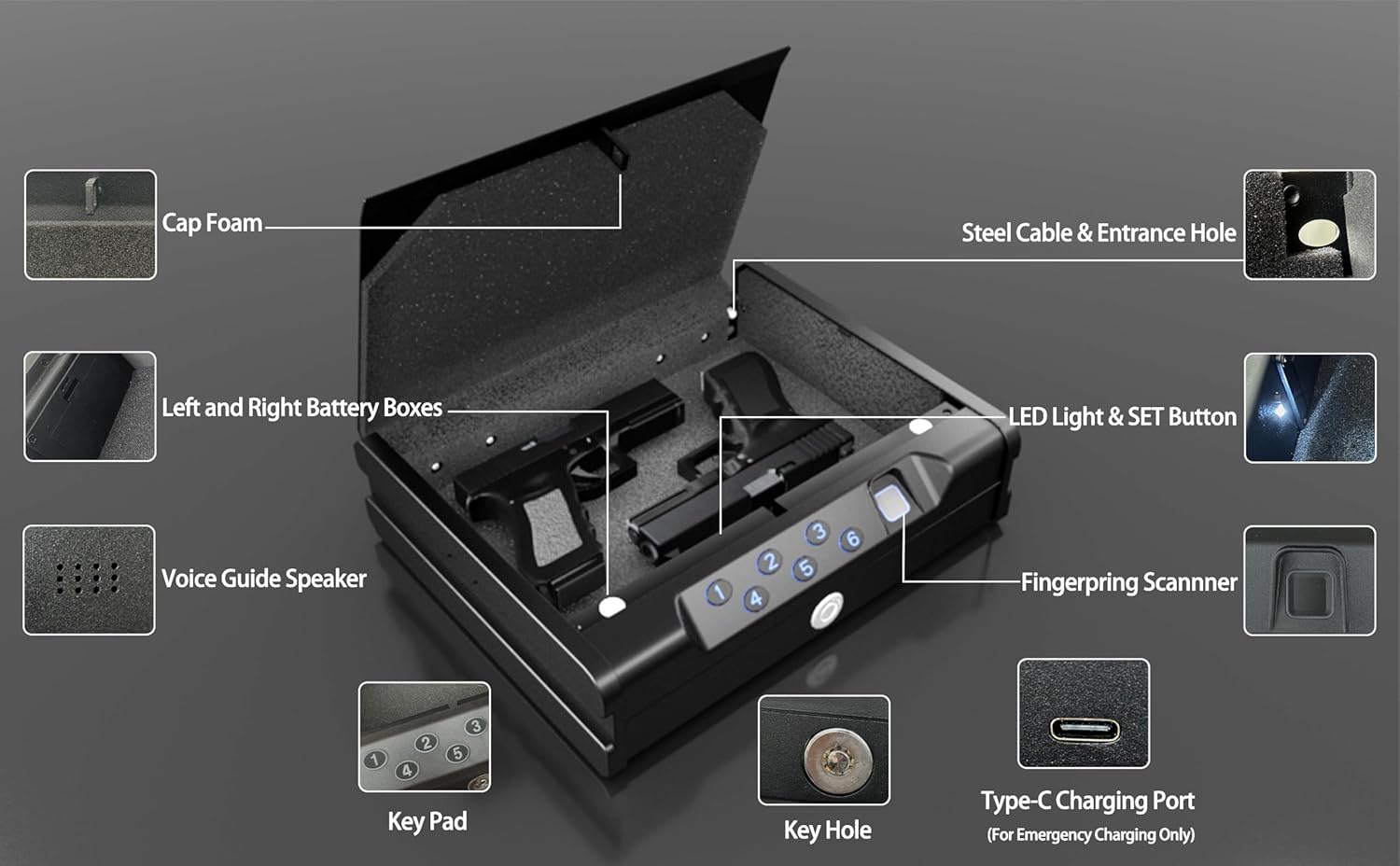 VORanexs Gun Safe with three access ways: biometric recognition, key,digital password. It’s a compact pistol safe with Type-C port and light, suitable for nightstands, bedside, cars and home use.