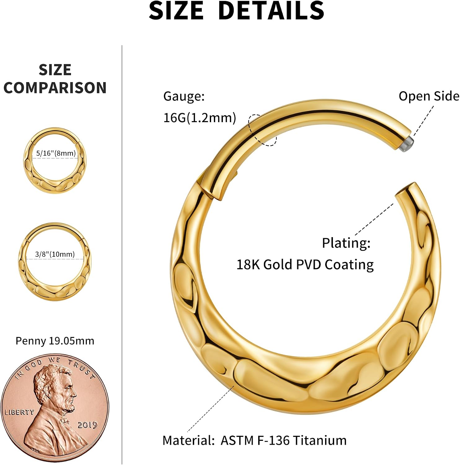 FINE4U ASTM F136 Titanium Seamless Hinged Clicker Ring, 16G 8mm 10mm Nose Ring Hoop for Daith, Septum, Cartilage Earring