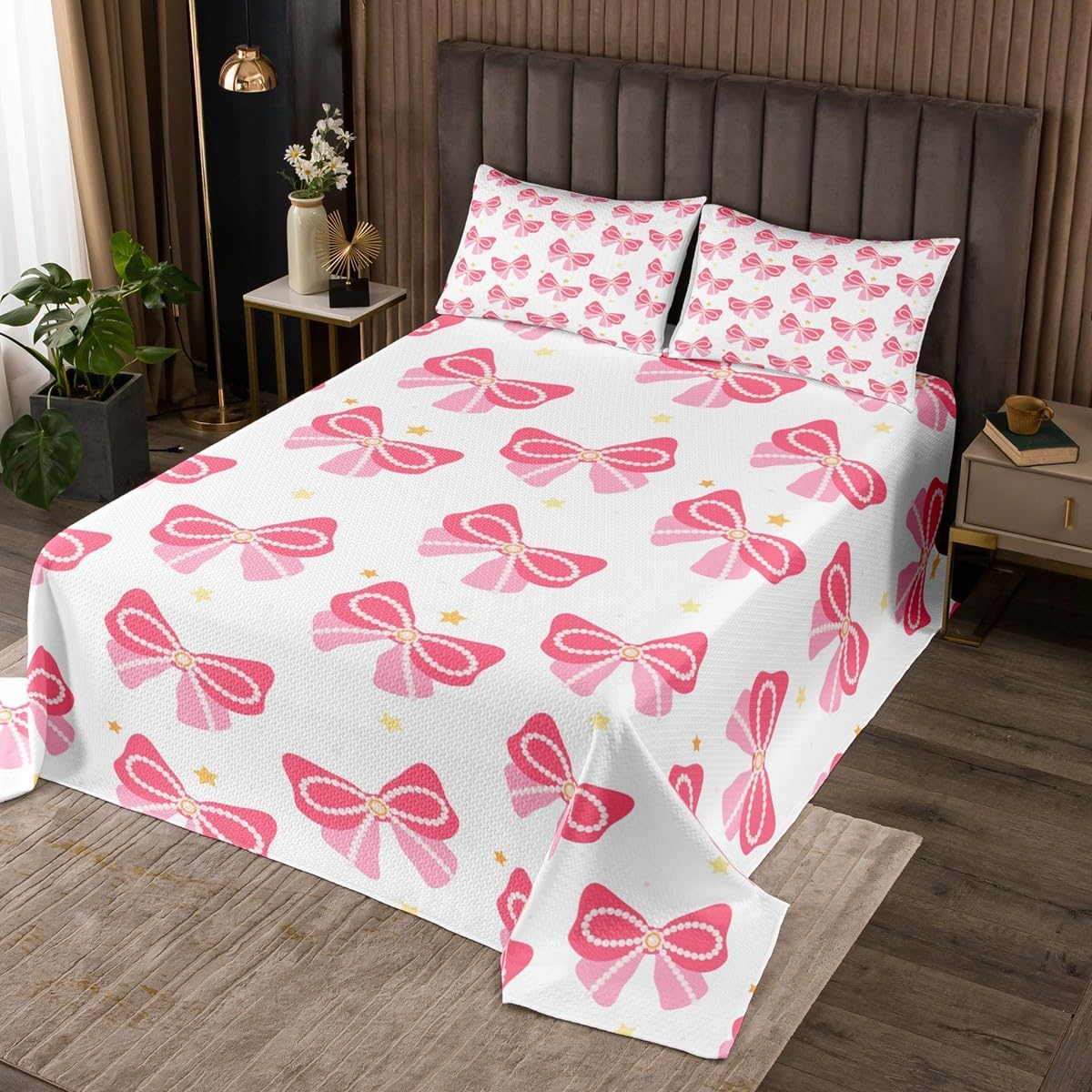 Butterfly Bowknot Bedspread Queen Size,Cartoon Star Bow Print Comforter Set for Kids Girls Boys Room Decor,Pink Sweet Princess Style Bedding Set Soft Lovely Quilt Coverlet 3Pcs,2 Pillowcases