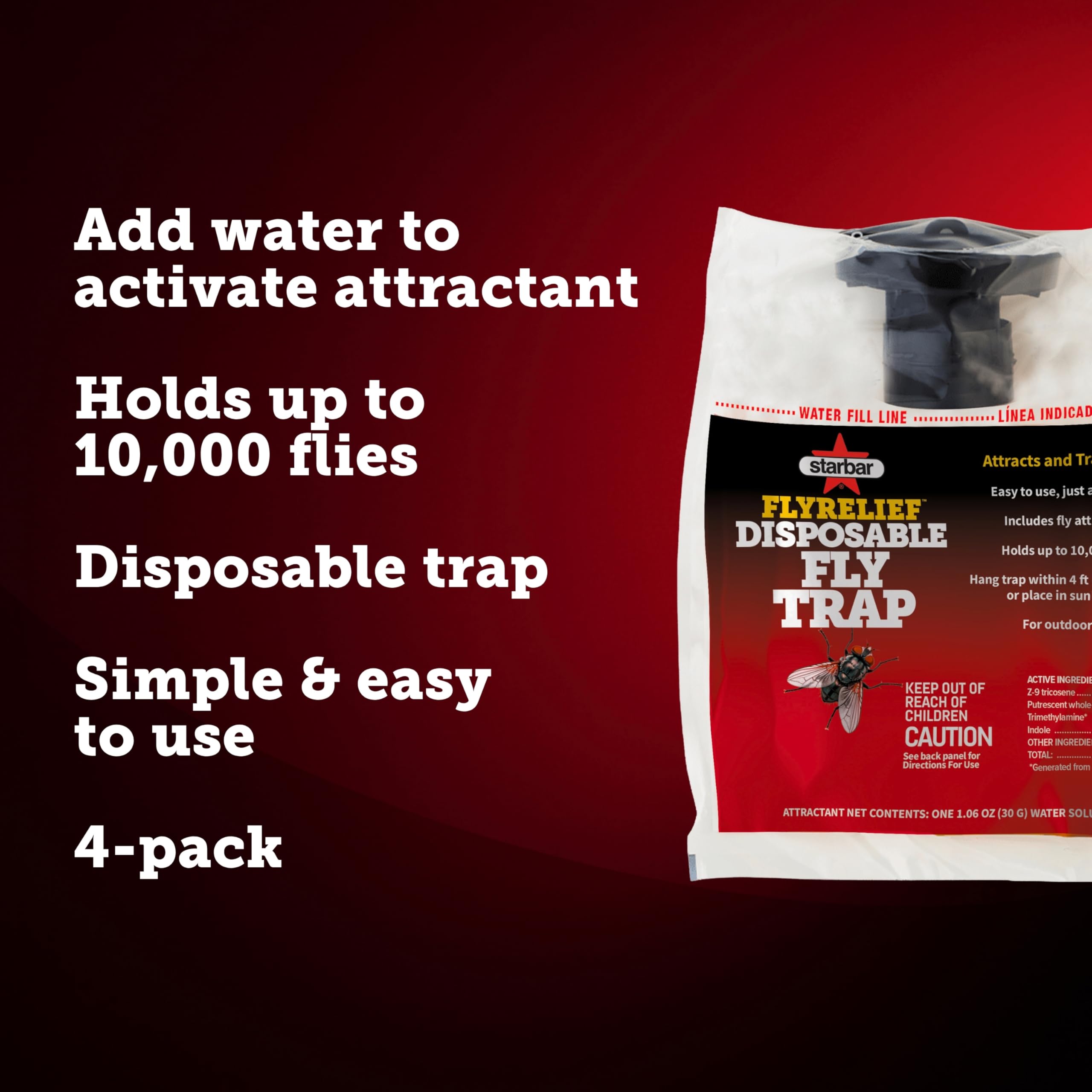 Starbar FlyRelief - Bolsa desechable para Trampa de Moscas, Paquete de 4, Control de Moscas para Exteriores con atrayente Probado, Solo Tienes Que añadir Agua, Trampa para Moscas de Alta Capacidad