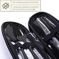 Vista 3 de Quatish - Utensilios de viaje con estuche, juego de cubiertos portátiles para el trabajo, juego de cubiertos de viaje reutilizables de acero Negro