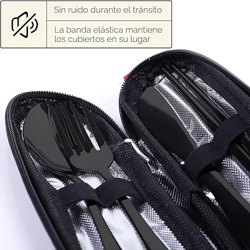 Miniatura 3 de Quatish - Utensilios de viaje con estuche, juego de cubiertos portátiles para el trabajo, juego de cubiertos de viaje reutilizables de acero Negro