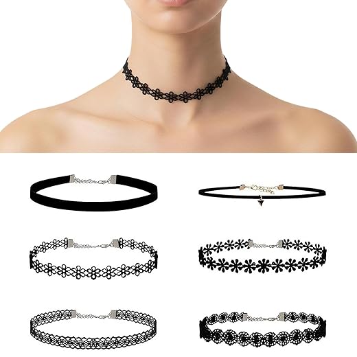 6 Pcs Black Choker Necklaces Black Velvet Choker Set Classic Gothic Tattoo Lace Chokers,Adjustable Lace Choker Necklace For Women