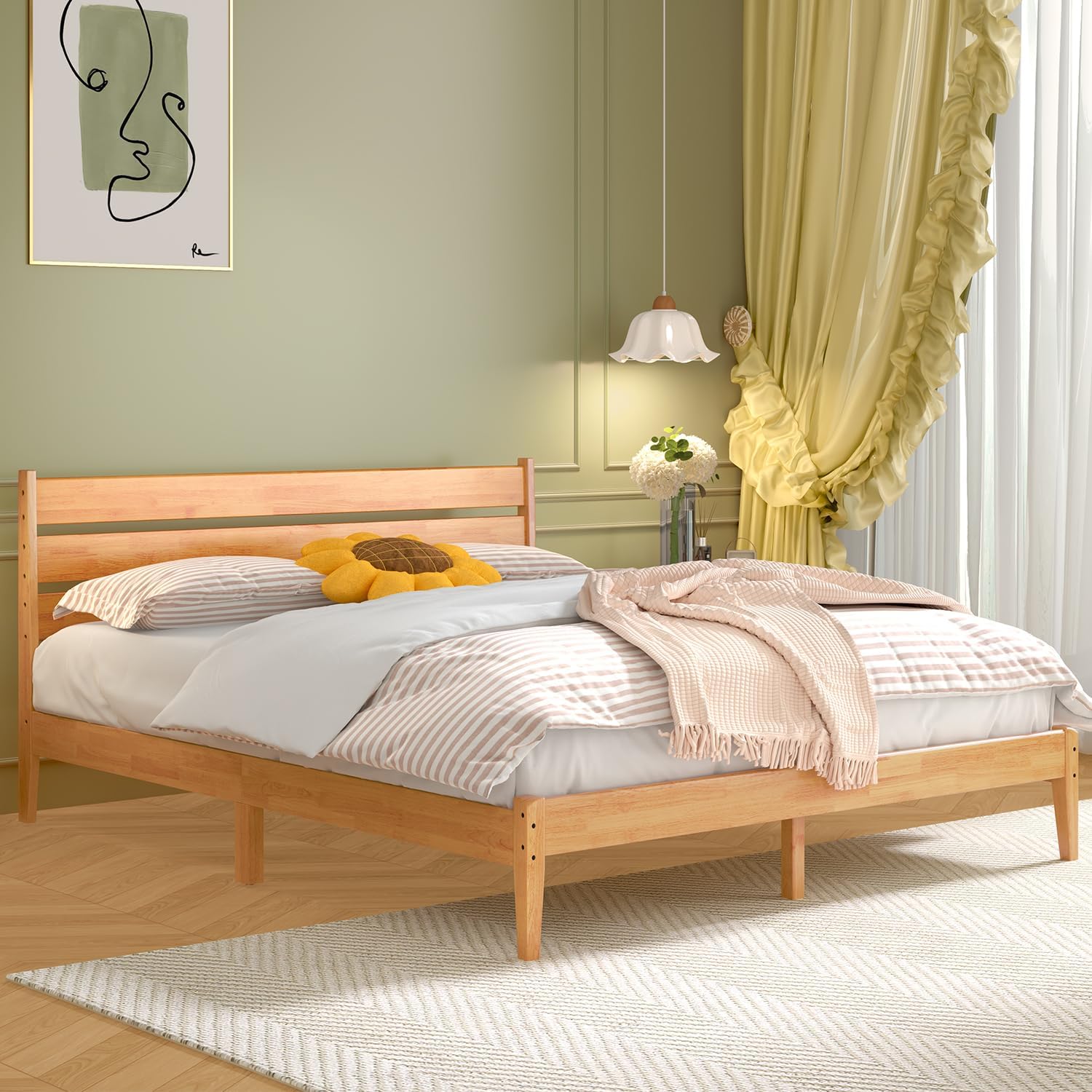 Solid Wood Queen Bed Frame, Malaysian Oak Platform Bed with Ladder Headboard, Modern Bedframe with Elevated Bed Legs, No Box Spring Needed, Noise-Free, Queen Size, Rustic Pine